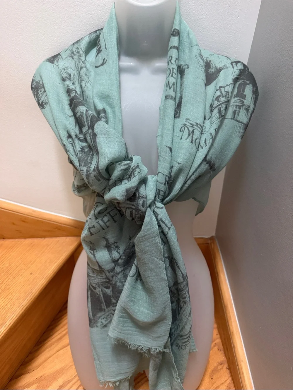 Vintage Paris Landmark Print Wrap Scarf Sage Green Grey Eiffel Tower